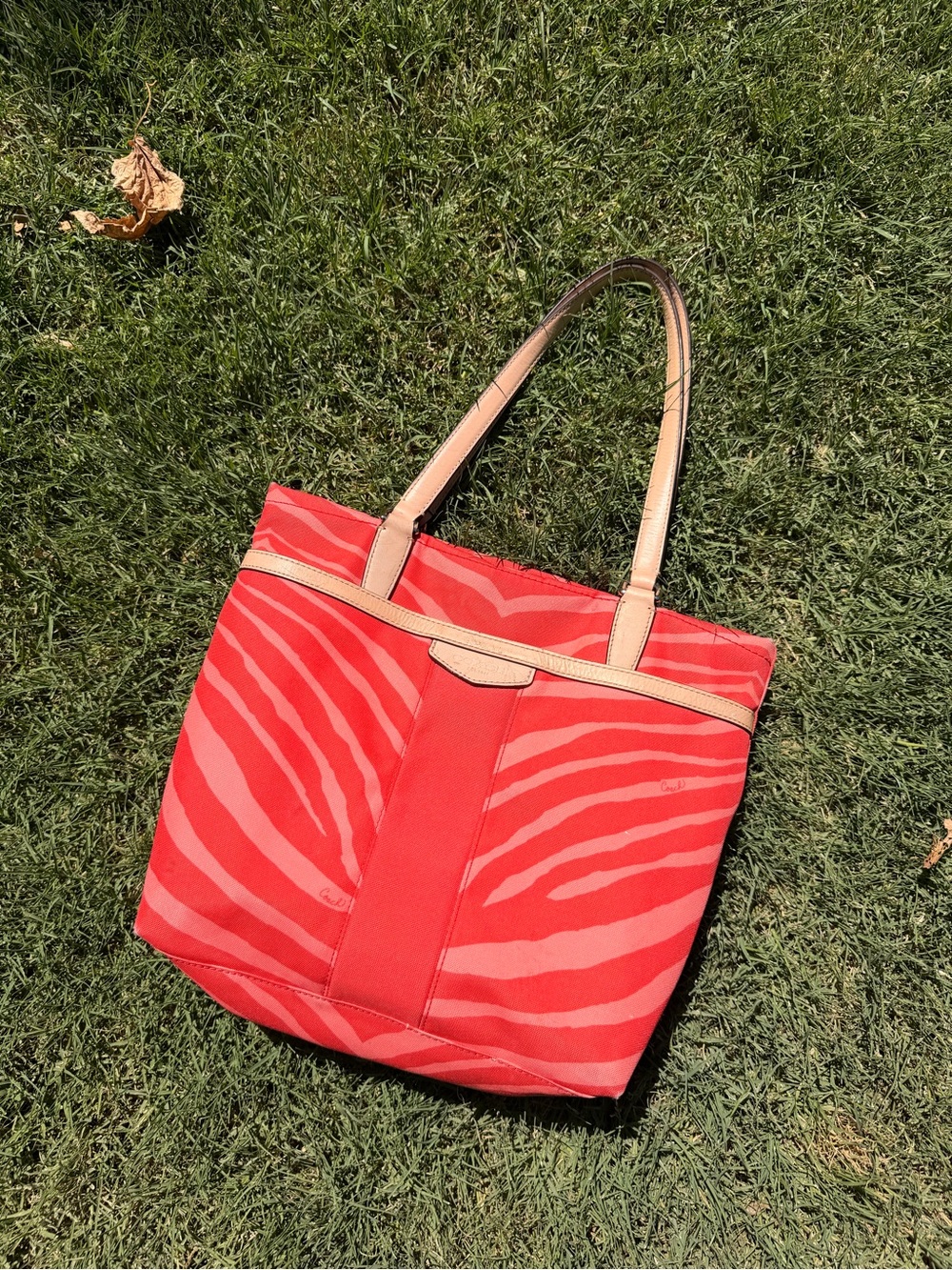 Coach Red Zebra-Print Canvas Tote with Tan Handles